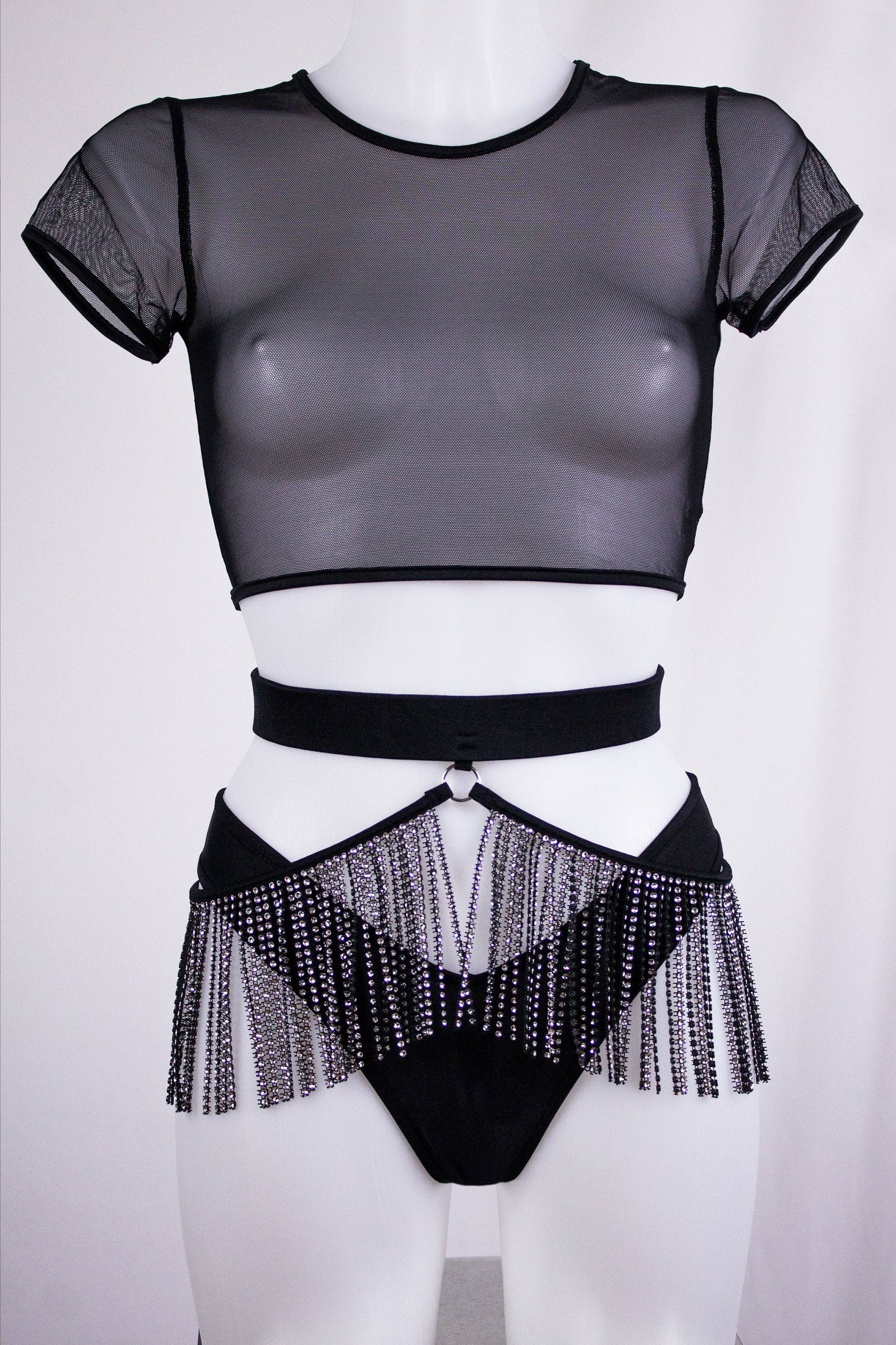 Exes Lingerie - Rhinestone fringe belt - Black