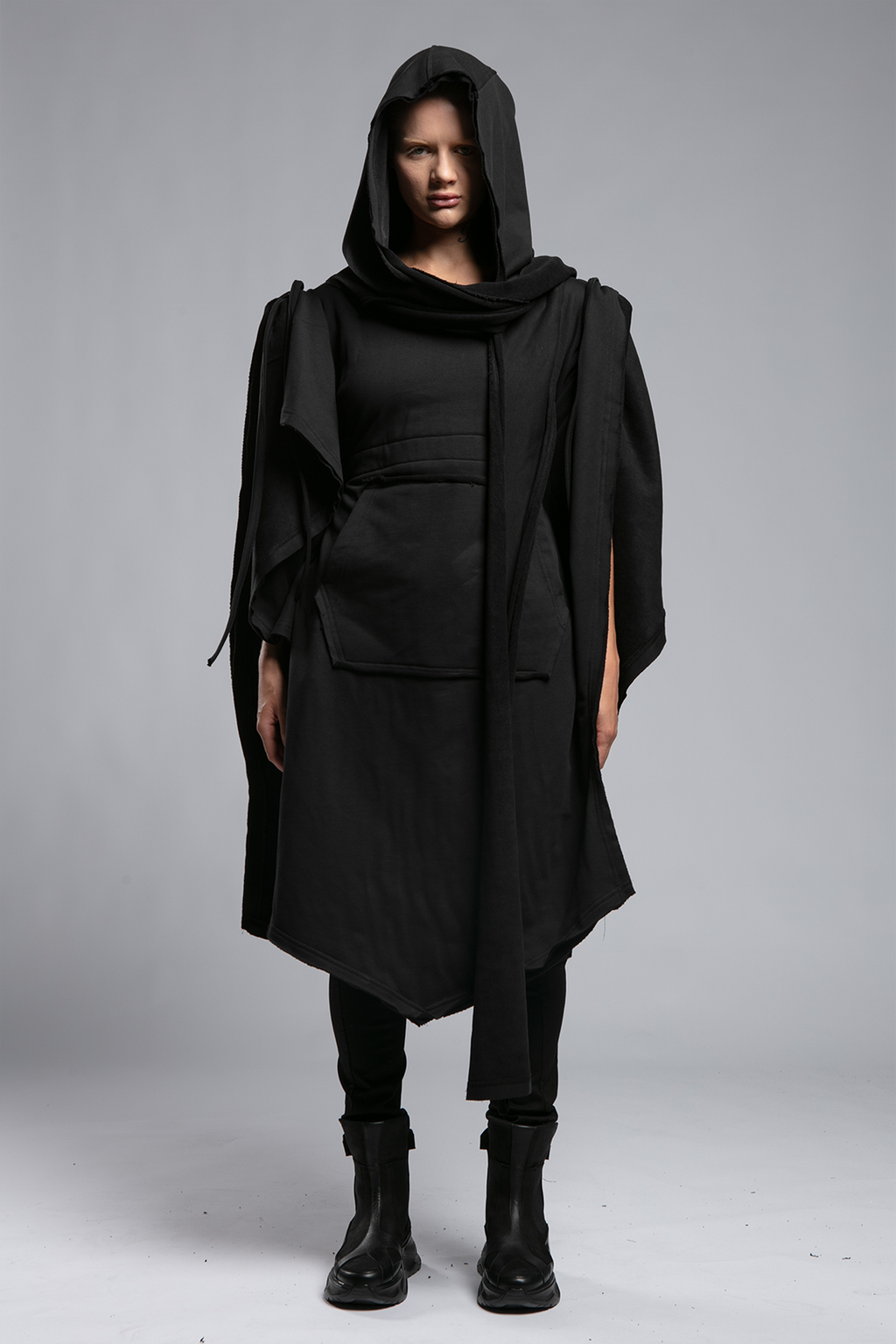 Womens Hooded Poncho with Attached Scarf - Black
