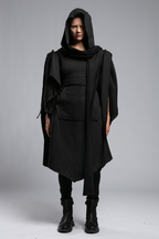 Womens Hooded Poncho with Attached Scarf - Black