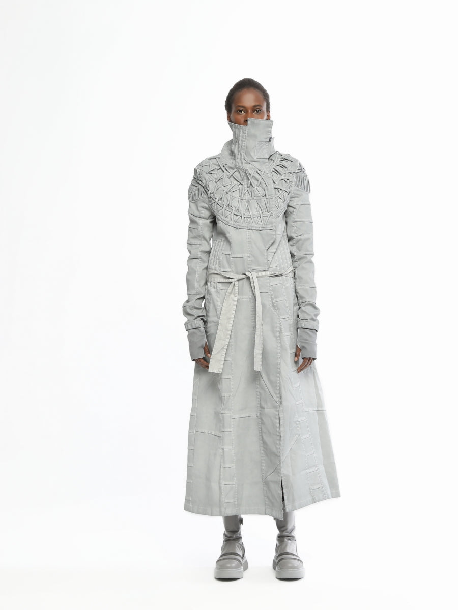 Long Women’s Futuristic Jacket With Piping Embroidery On Top