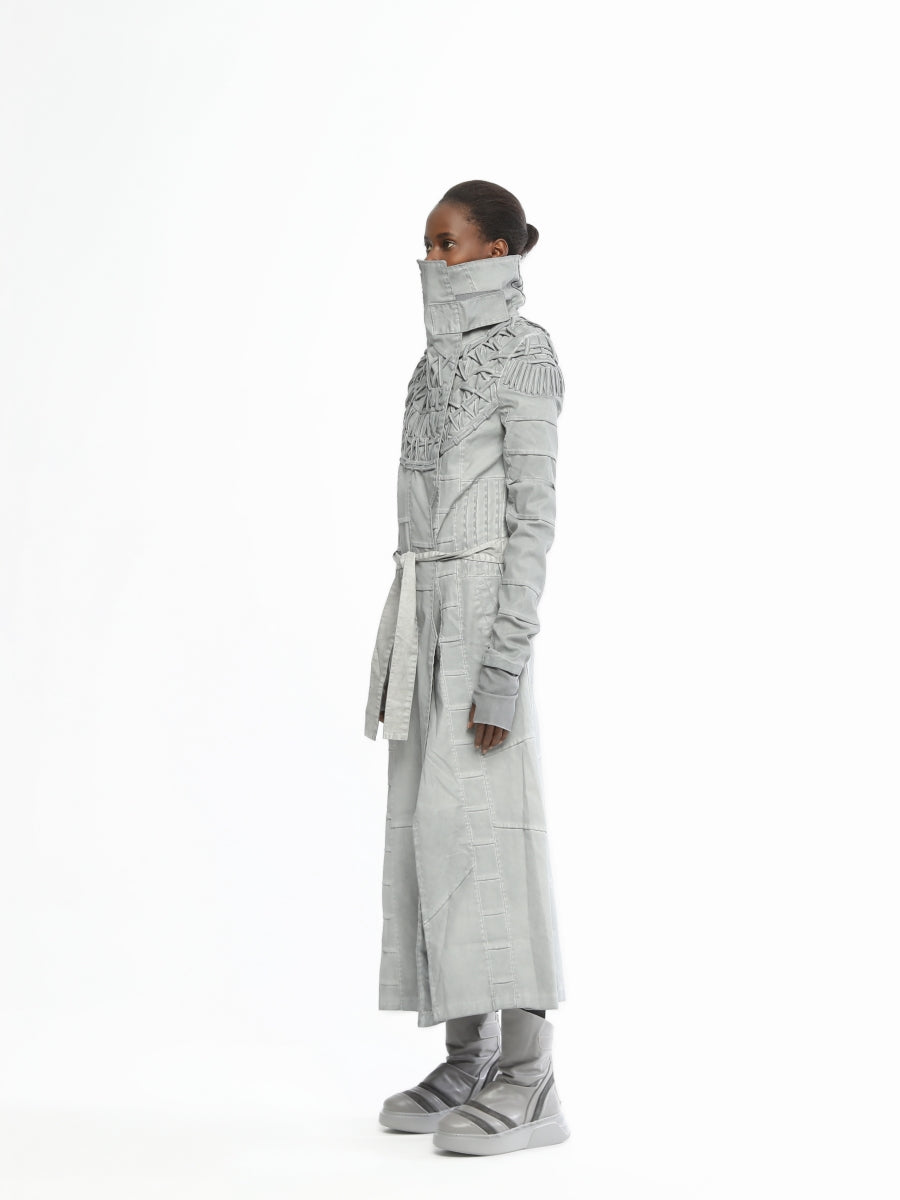 Long Women’s Futuristic Jacket With Piping Embroidery On Top