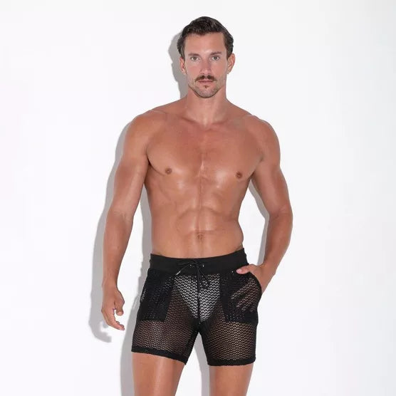 Code 22 - Fishnet Maxi Shorts – Black with White Stripe