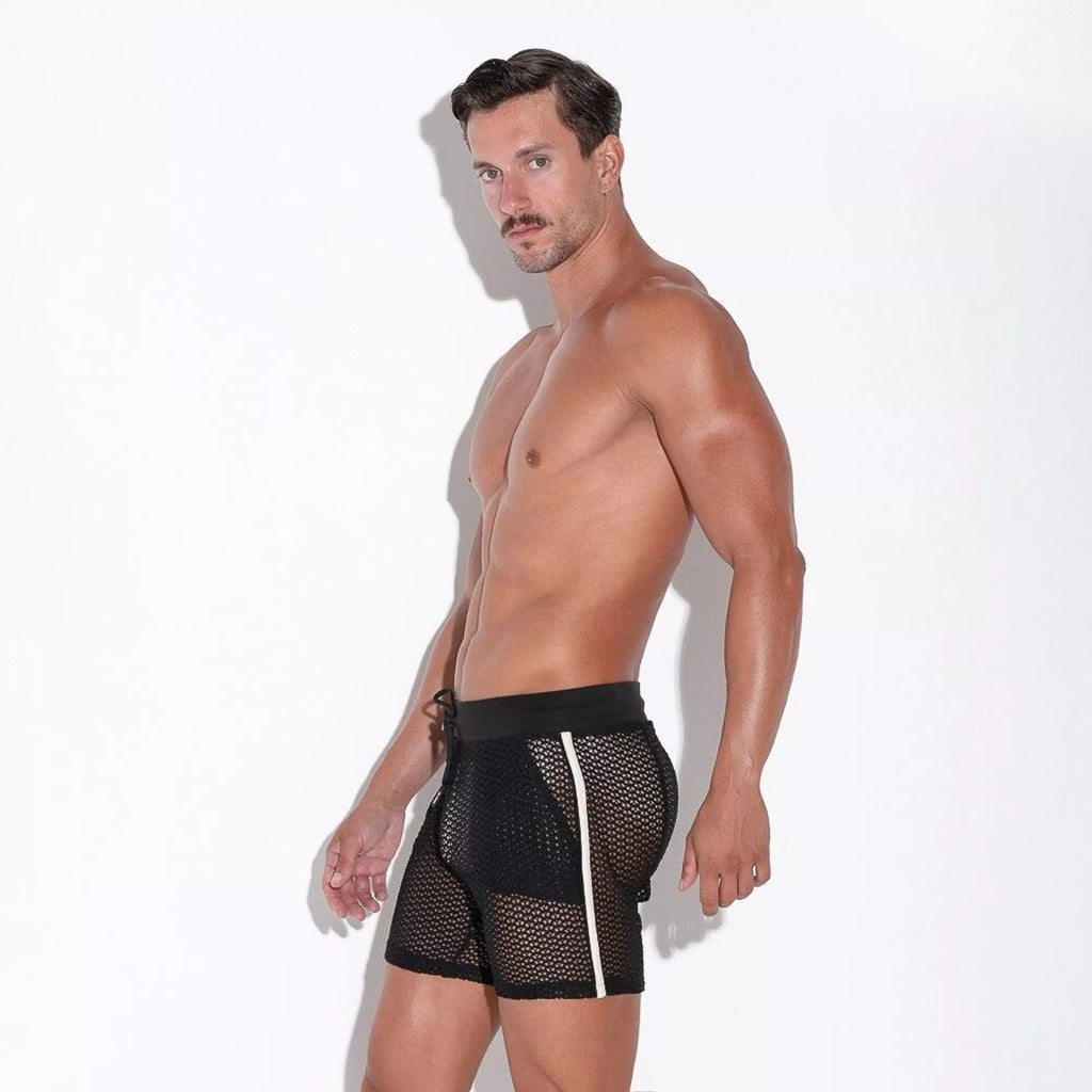 Code 22 - Fishnet Maxi Shorts – Black with White Stripe
