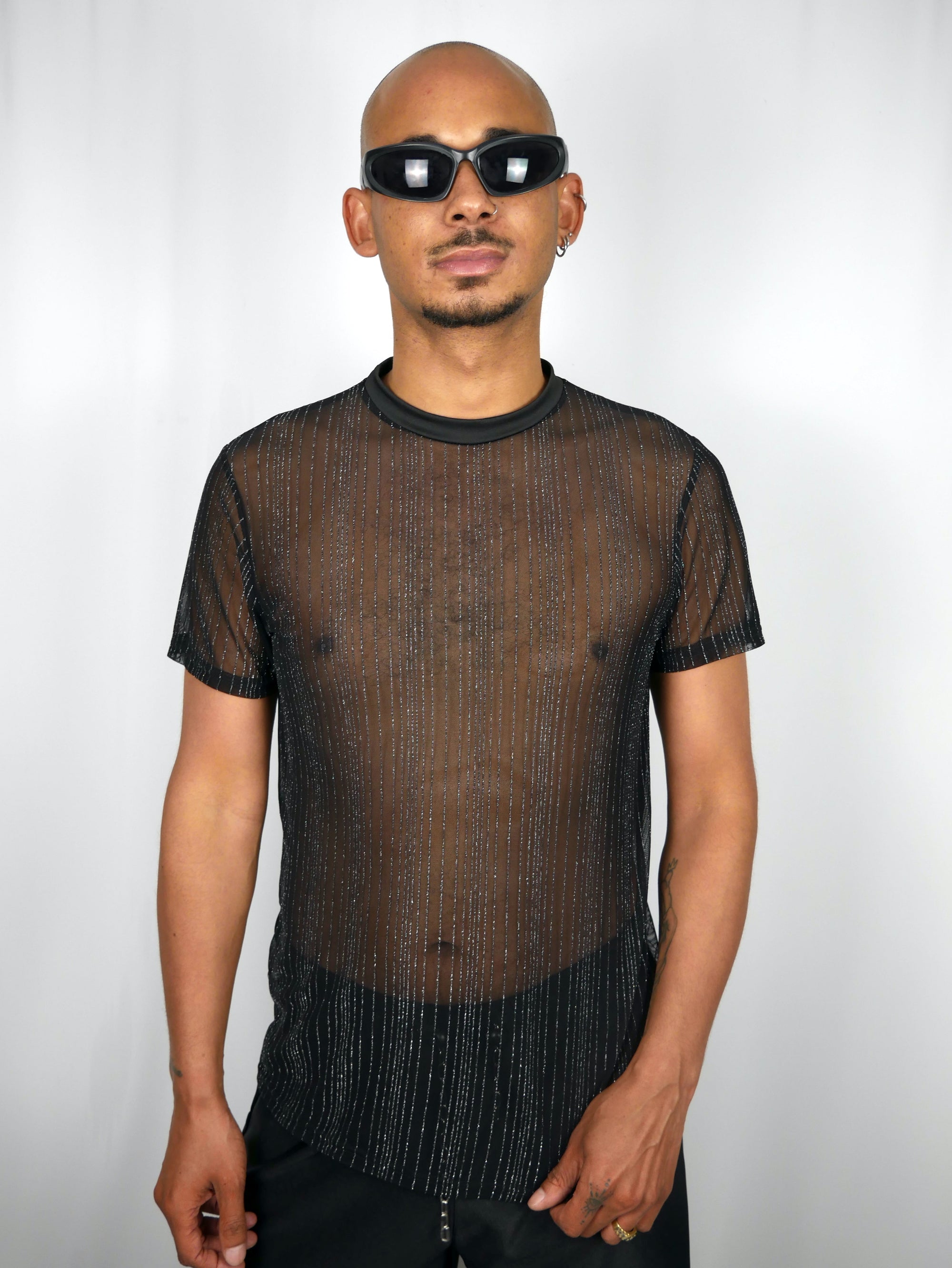 FAC SHOP - Pinstripe Glitter Mesh Shirt - Black