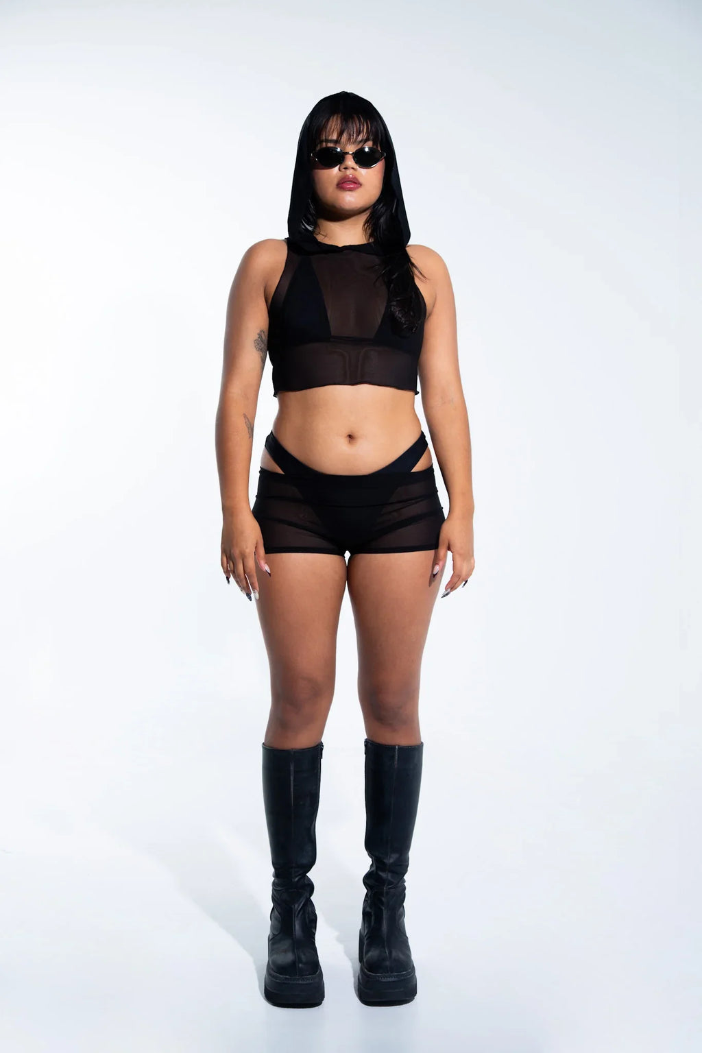 Rave with mi Gente - Mesh Hooded Crop Top - Black