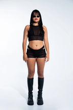 Rave with mi Gente - Mesh Hooded Crop Top - Black