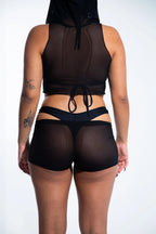 Rave with mi Gente - Mesh Hooded Crop Top - Black