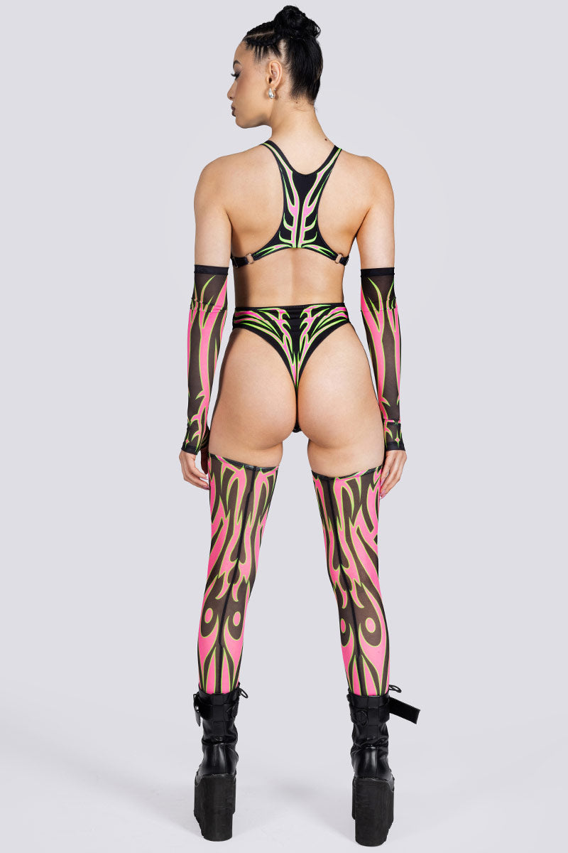 Devil Walking - Tribal Empress High Cut Bodysuit - Green and Pink