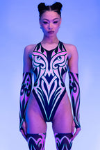 Devil Walking - Tribal Empress High Cut Bodysuit - Green and Pink
